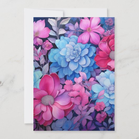 Dusty Blue en Fuchsia Bloemenbruiloft Kaart (Achterkant)