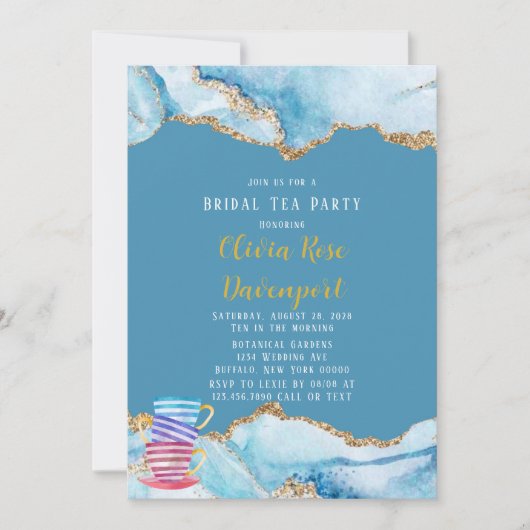 Dusty Blue en Gold Agate Bridal Tea Party Kaart (Voorkant)