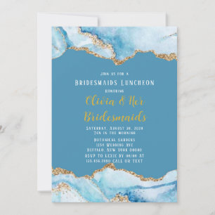 Dusty Blue en Gold Agate Bridesmaids Luncheon Kaart