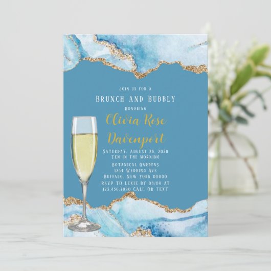 Dusty Blue en Gold Agate Brunch en Bubble Kaart (Staand voorkant)