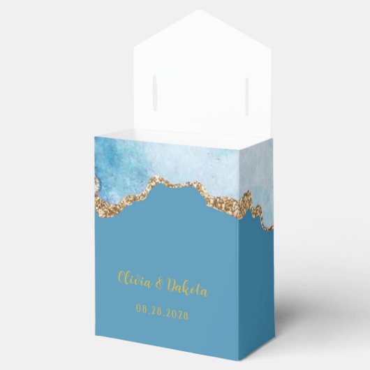 Dusty Blue en Gold Agate Custom Wedding Bedankdoosjes (Geopend)
