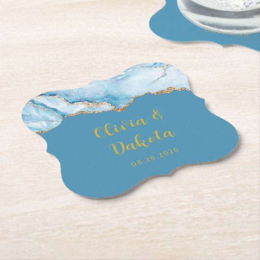 Dusty Blue en Gold Agate Custom Wedding Kartonnen Onderzetters (Gekanteld)