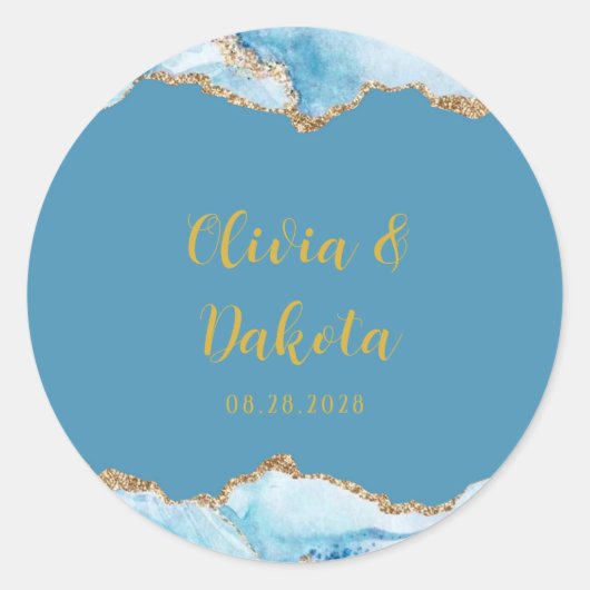 Dusty Blue en Gold Agate Custom Wedding Ronde Sticker (Voorkant)