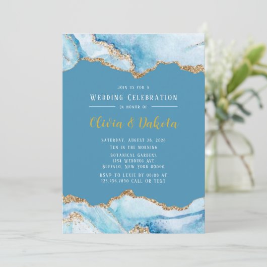 Dusty Blue en Gold Agate Elegant Wedding Kaart (Staand voorkant)