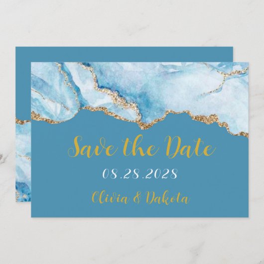 Dusty Blue en Gold Agate Save the Date Cards Kaart (Voorkant / Achterkant)