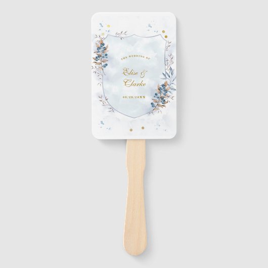 Dusty Blue en Gold Blueberries Weddenschap Harteli Handwaaier (Voorkant)