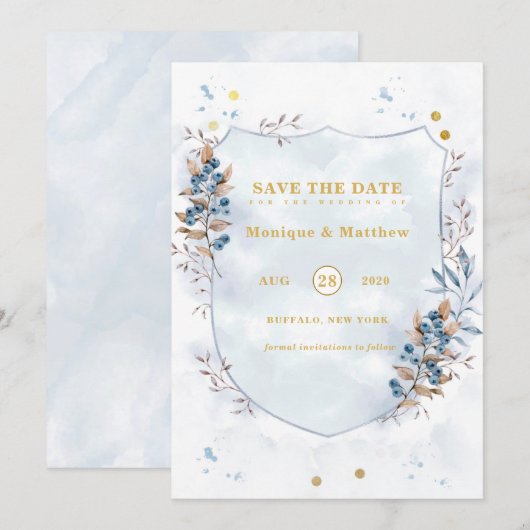 Dusty Blue en Gold Blueberry Save the Date Cards Kaart (Voorkant / Achterkant)