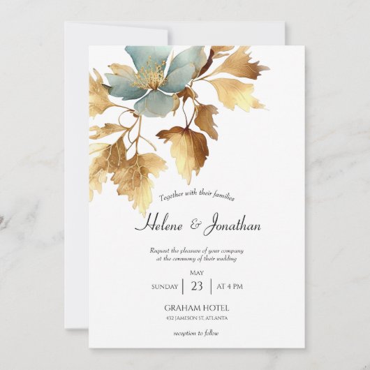 Dusty Blue en Gold Boho Wedding Invitation Kaart (Voorkant)