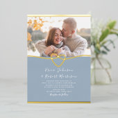 Dusty Blue en Gold bruiloft uitnodiging met foto (Staand Voorkant)