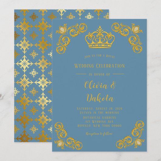 Dusty blue en Gold Crown Damask Royal Wedding Kaart (Voorkant / Achterkant)