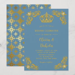 Dusty blue en Gold Crown Damask Royal Wedding Kaart