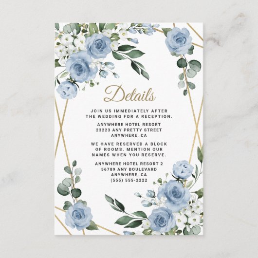 Dusty Blue en Gold Elegant Floral Rustic Wedding Informatiekaartje (Voorkant)