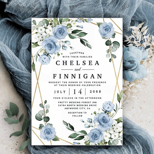 Dusty Blue en Gold Elegant Floral Rustic Wedding Kaart