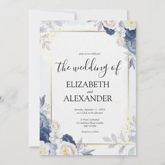 Dusty Blue en Gold Elegant Floral Rustic Wedding Kaart (Voorkant)