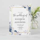 Dusty Blue en Gold Elegant Floral Rustic Wedding Kaart (Staand voorkant)