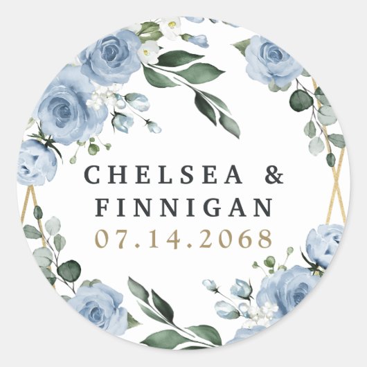 Dusty Blue en Gold Elegant Floral Rustic Wedding Ronde Sticker (Voorkant)
