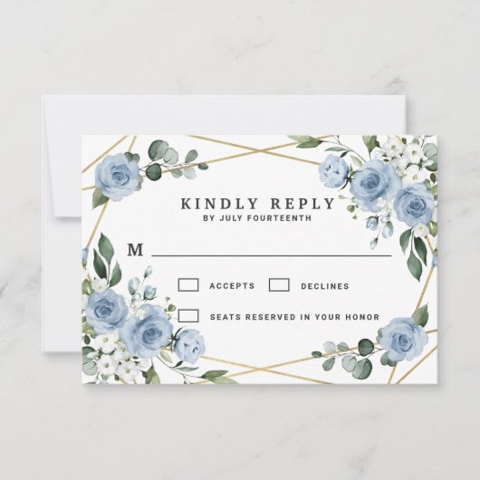 Dusty Blue en Gold Elegant Floral Rustic Wedding RSVP Kaartje (Voorkant)