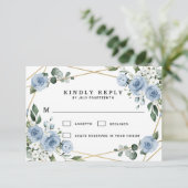 Dusty Blue en Gold Elegant Floral Rustic Wedding RSVP Kaartje (Staand voorkant)