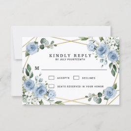 Dusty Blue en Gold Elegant Floral Rustic Wedding RSVP Kaartje