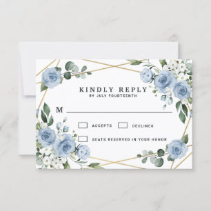 Dusty Blue en Gold Elegant Floral Rustic Wedding RSVP Kaartje