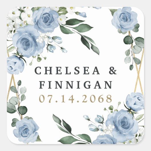 Dusty Blue en Gold Elegant Floral Rustic Wedding Vierkante Sticker (Voorkant)