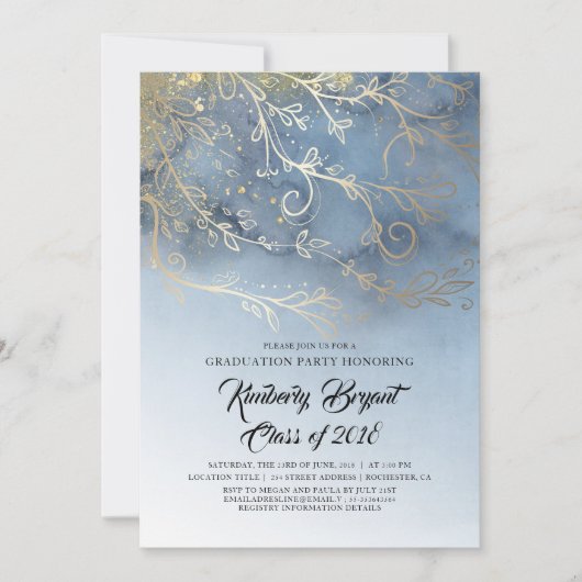 Dusty Blue en Gold Elegant Graduation Party Kaart (Voorkant)