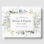Dusty Blue en Gold Elegant Rustic Floral Wedding Gastenboek<br><div class="desc">Het ontwerp heeft een elegant gedrukt goudkleurig geometrisch lijst aan de voorkant met eucalyptus en bloemengroene bladeren in tinten van groen,  stoffig blauw,  grijs en meer.</div>