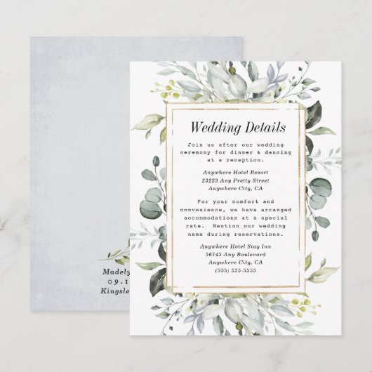 Dusty Blue en Gold Elegant Rustic Floral Wedding Informatiekaartje (Voorkant / Achterkant)