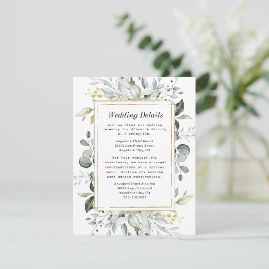 Dusty Blue en Gold Elegant Rustic Floral Wedding Informatiekaartje (Staand voorkant)