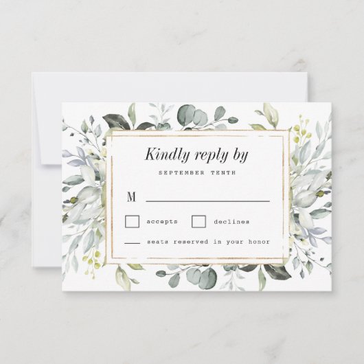 Dusty Blue en Gold Elegant Rustic Floral Wedding RSVP Kaartje (Voorkant)