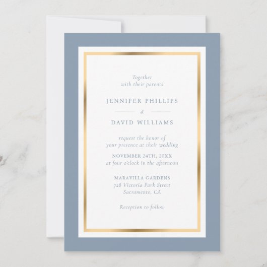 Dusty Blue en Gold Elegant Wedding Kaart (Voorkant)
