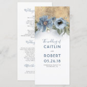 Dusty Blue en Gold Floral bruiloft programma's (Voorkant / Achterkant)