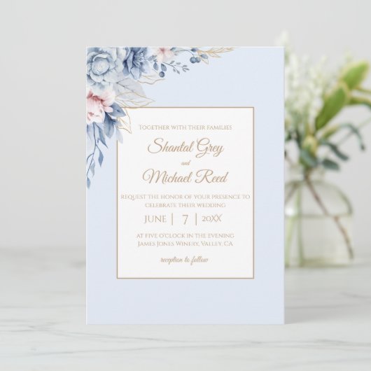 Dusty Blue en Gold Floral bruiloft uitnodiging (Staand voorkant)