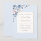 Dusty Blue en Gold Floral bruiloft uitnodiging (Voorkant / Achterkant)