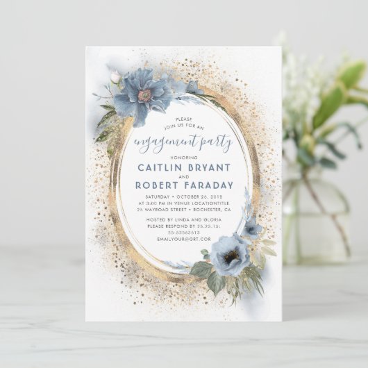 Dusty Blue en Gold Floral Engagement Party Kaart (Staand voorkant)