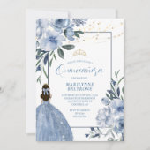 Dusty Blue en Gold Floral Quinceañera Kaart (Voorkant)
