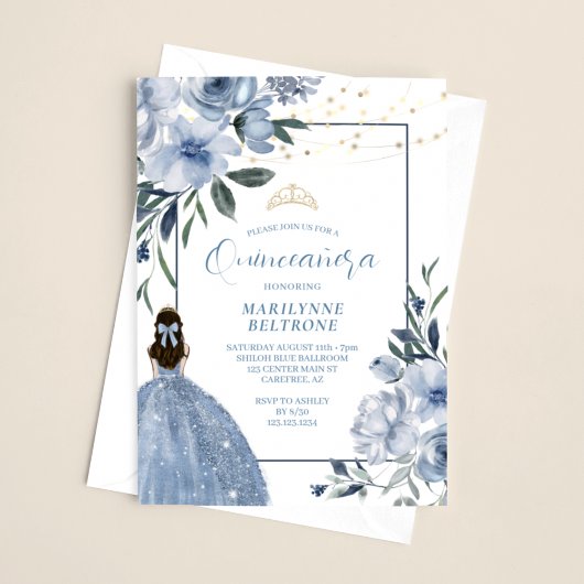Dusty Blue en Gold Floral Quinceañera Kaart