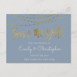 Dusty Blue en Gold Foil Save the Date Aankondigingskaart