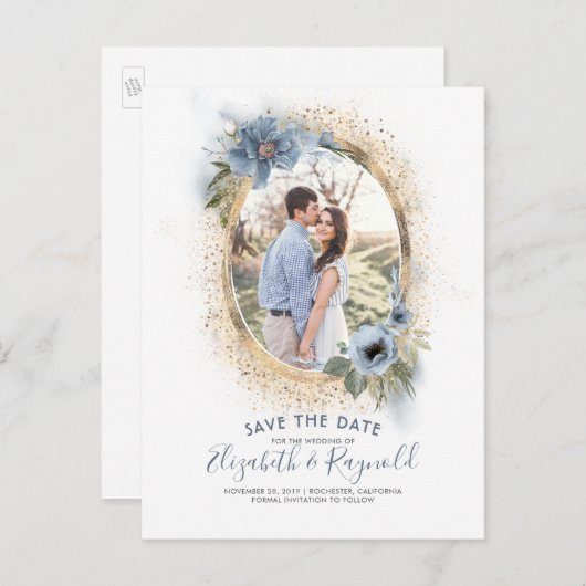 Dusty Blue en Gold | Foto De datum opslaan Aankondigingskaart (Voorkant / Achterkant)