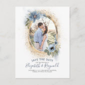 Dusty Blue en Gold | Foto De datum opslaan Aankondigingskaart (Voorkant)