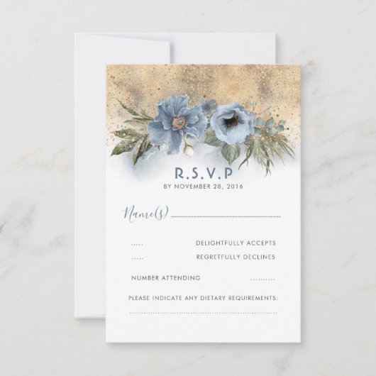 Dusty Blue en Gold Glitter Boho Wedding RSVP (Voorkant)