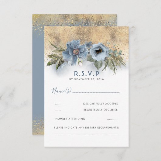 Dusty Blue en Gold Glitter Boho Wedding RSVP (Voorkant / Achterkant)
