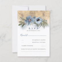 Dusty Blue en Gold Glitter Boho Wedding RSVP