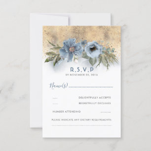 Dusty Blue en Gold Glitter Boho Wedding RSVP Kaartje