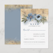 Dusty Blue en Gold Glitter Boho Wedding RSVP Kaartje (Voorkant / Achterkant)