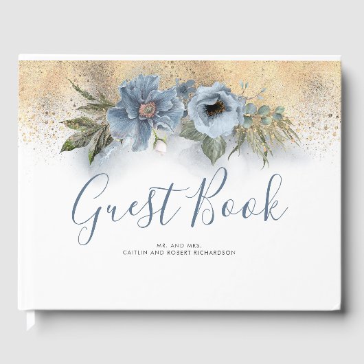 Dusty Blue en Gold Glitter Wedding Gastenboek (Voorkant)