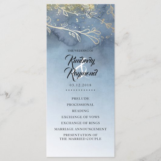 Dusty Blue en Gold huwelijksprogramma's Programmakaart (Voorkant)