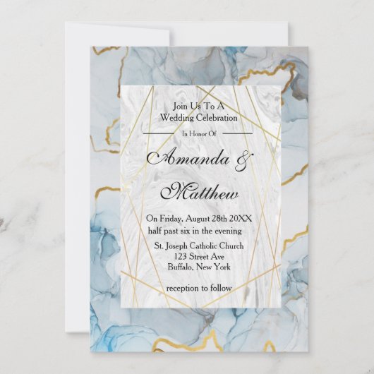 Dusty Blue en Gold Marble Wedding Invitations