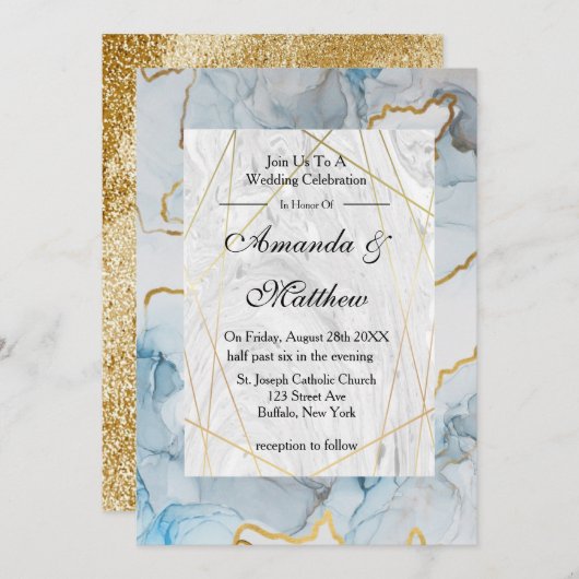 Dusty Blue en Gold Marble Wedding Invitations (Voorkant / Achterkant)