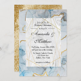Dusty Blue en Gold Marble Wedding Invitations